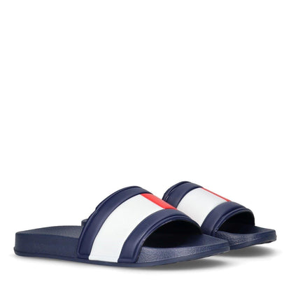 Navy Blue - Back - Tommy Hilfiger Childrens-Kids Flag Logo Open Toe Flat Slides