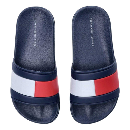 Navy Blue - Back - Tommy Hilfiger Childrens-Kids Flag Logo Open Toe Flat Slides