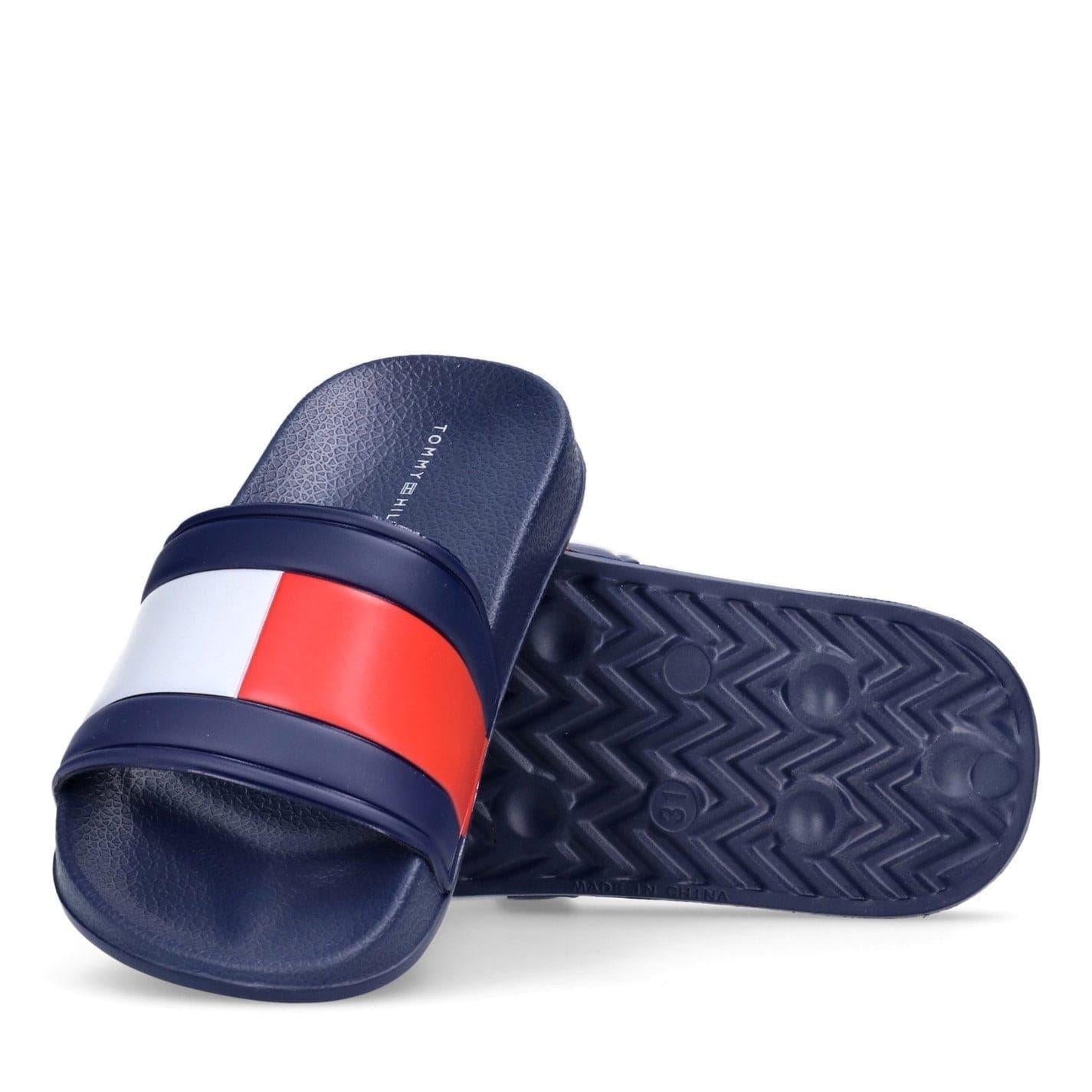 Navy Blue - Side - Tommy Hilfiger Childrens-Kids Flag Logo Open Toe Flat Slides