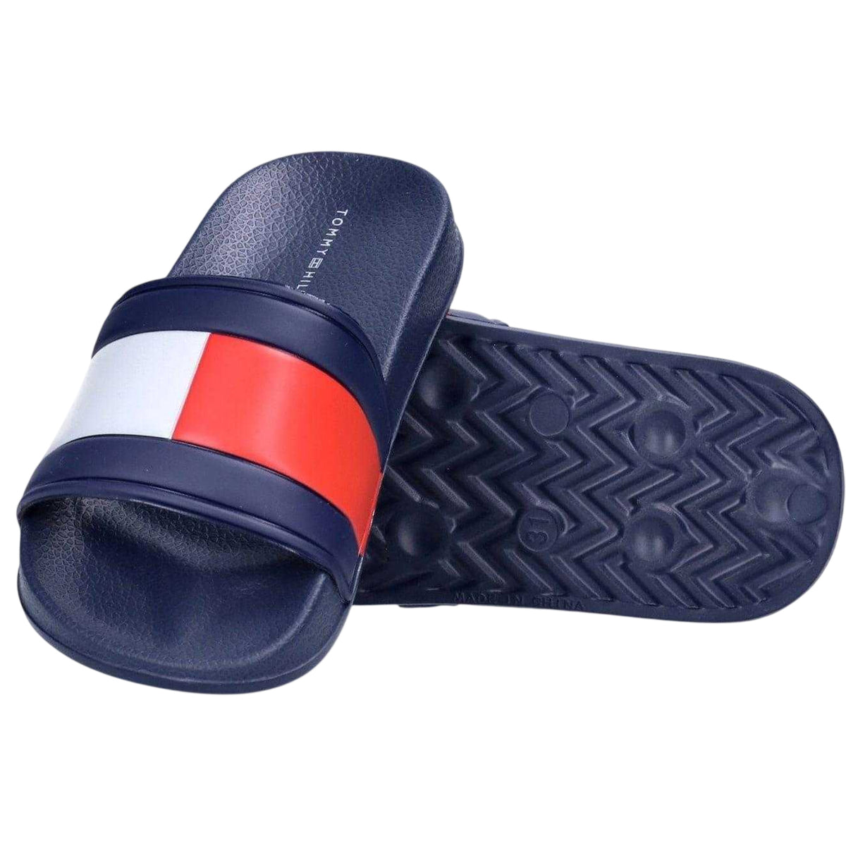 Navy Blue - Side - Tommy Hilfiger Childrens-Kids Flag Logo Open Toe Flat Slides