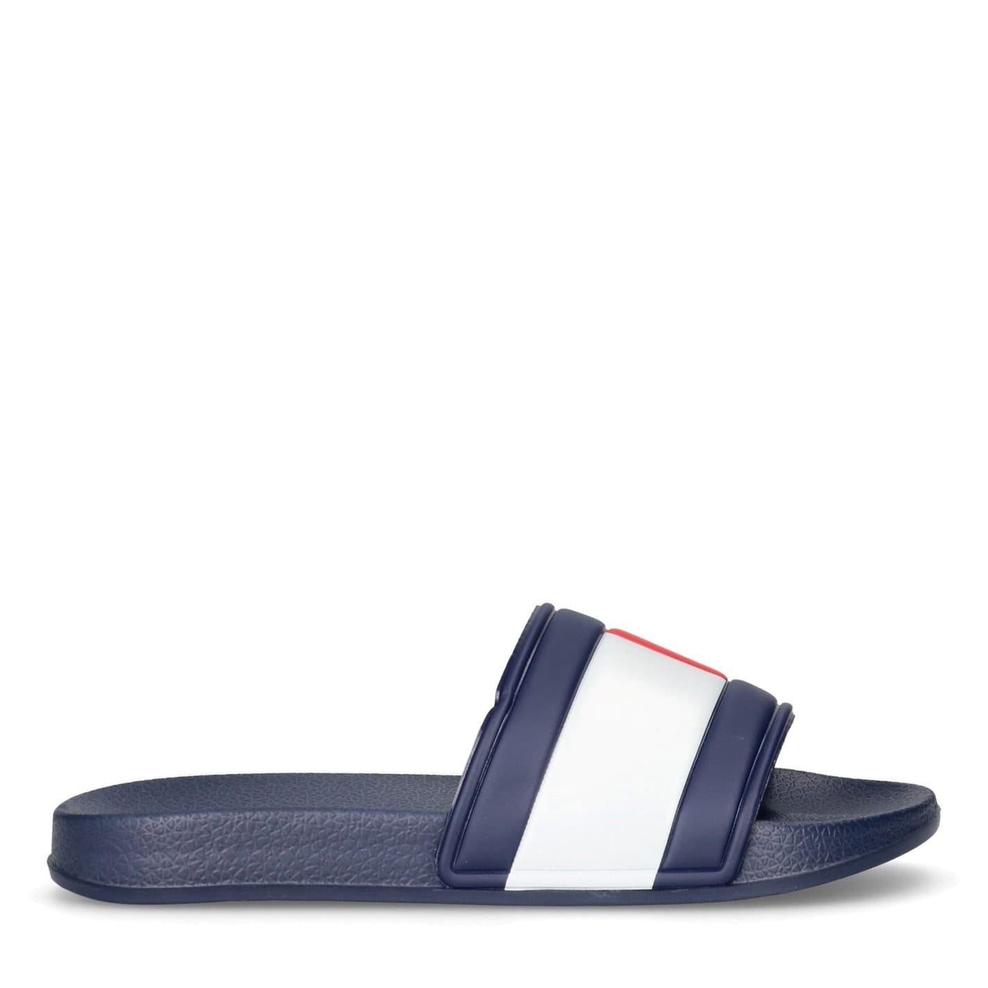 Navy Blue - Front - Tommy Hilfiger Childrens-Kids Flag Logo Open Toe Flat Slides