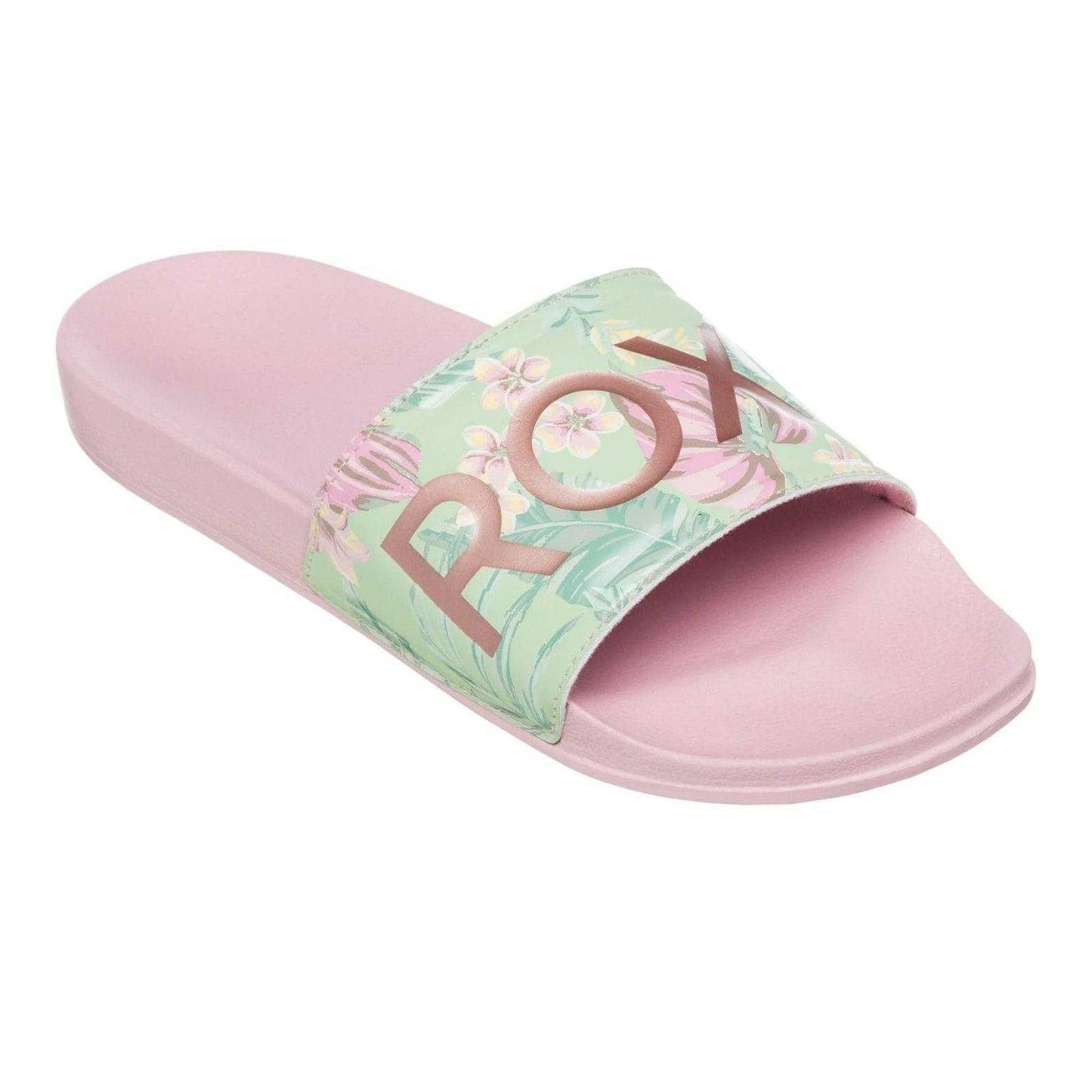 Green-Pink - Side - Roxy Womens-Ladies Slippy II Floral Slides