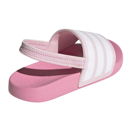 Pink-White - Back - Adidas Childrens-Kids Adilette 3 Stripes Elastic Slingback Flat Slides