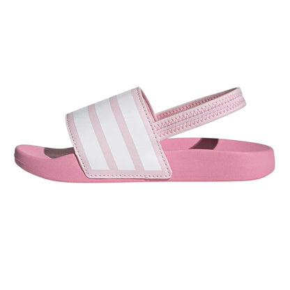 Pink-White - Side - Adidas Childrens-Kids Adilette 3 Stripes Elastic Slingback Flat Slides