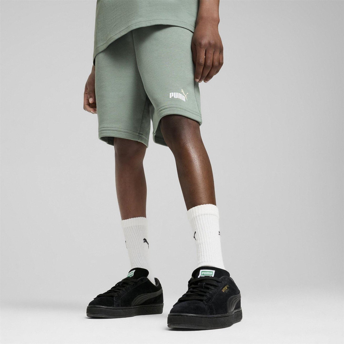 Green - Side - Puma Boys Fleece Logo Regular Shorts