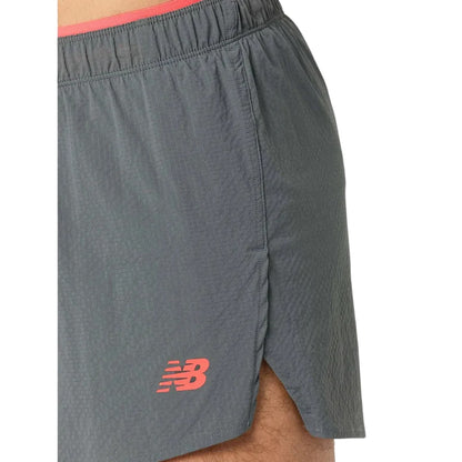 Grey-Red - Side - New Balance Mens Race Day Curved Hem Running Shorts