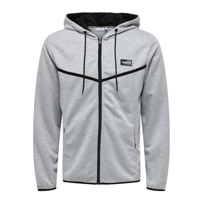 Light Grey Melange - Front - Only Mens Contrast Piping Hooded Regular Sweat Jacket
