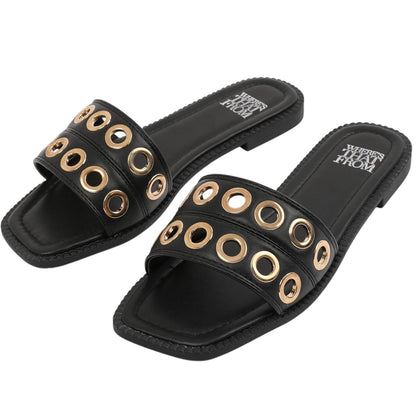 Black - Side - Where´s That From Womens-Ladies Eyelets Flat Sandals
