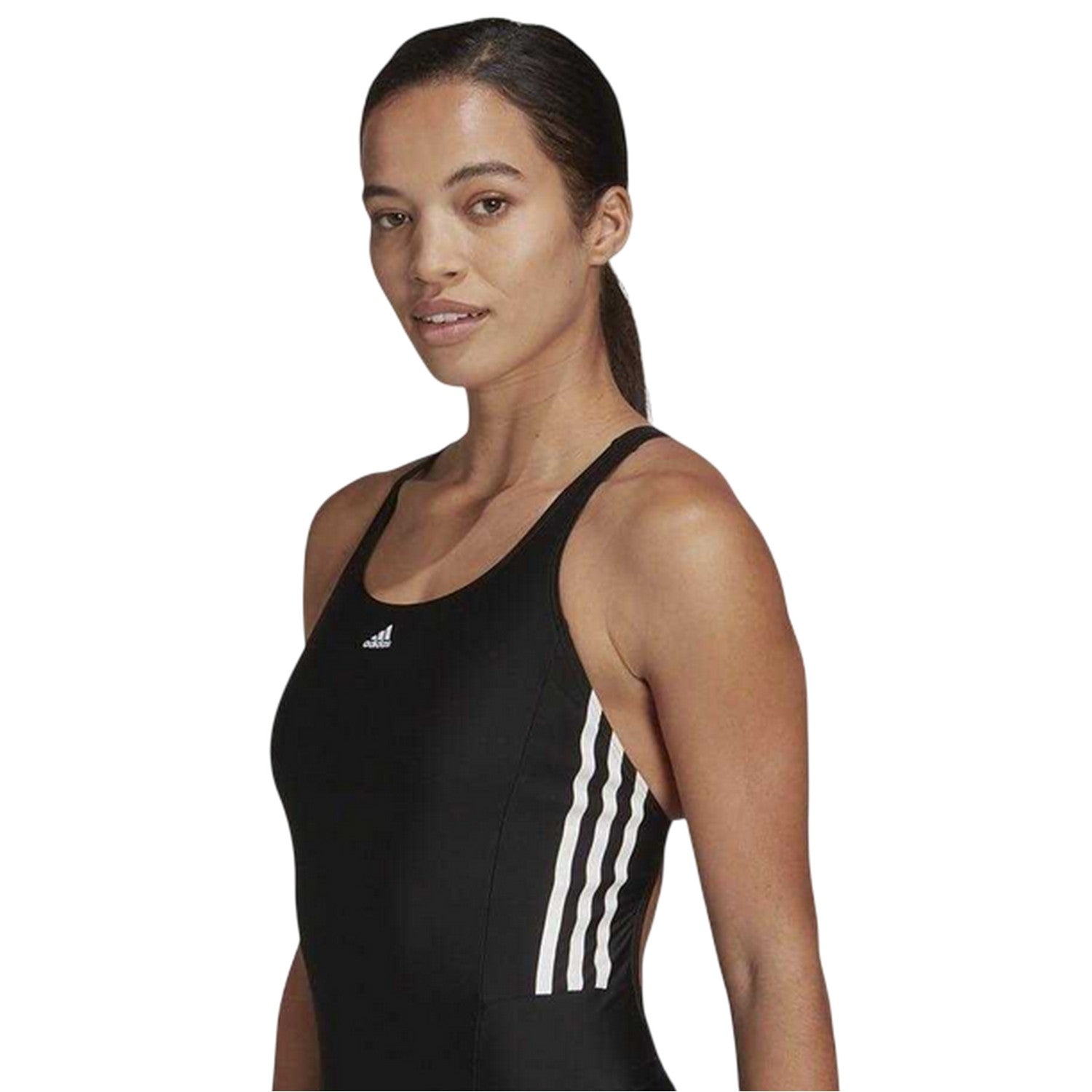 Black-White - Side - Adidas Womens-Ladies 3 Stripes One Piece Swimsuit