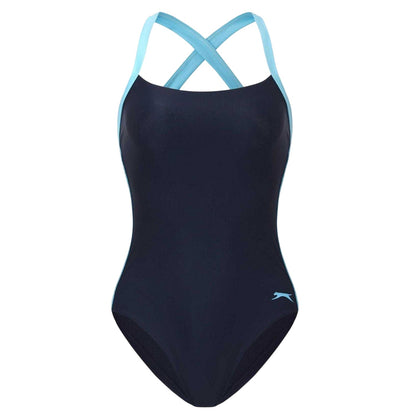 Navy - Front - Slazenger Womens-Ladies Tie Up Back One Piece Swimsuit