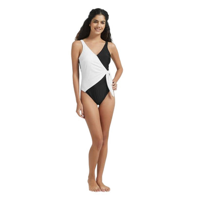 White-Black - Side - Be You Womens-Ladies Monochrome Wrap One Piece Swimsuit