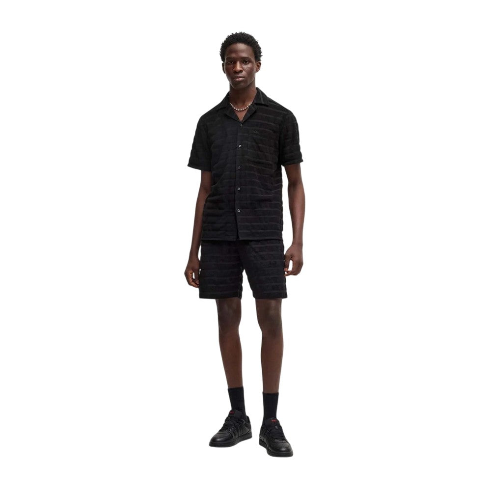 Black - Side - Hugo Mens Cotton Striped Relaxed Fit Casual Shorts