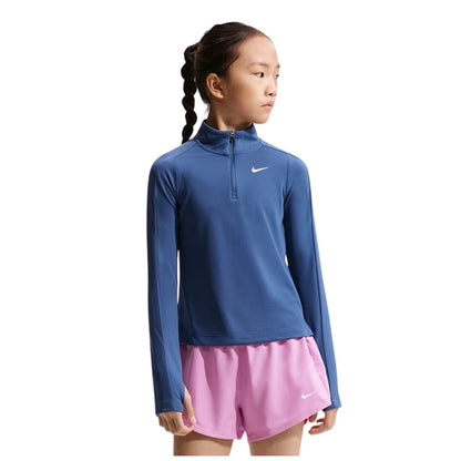 Mystic Blue - Front - Nike Girls Dri-FIT Half Zip Long-Sleeved Top