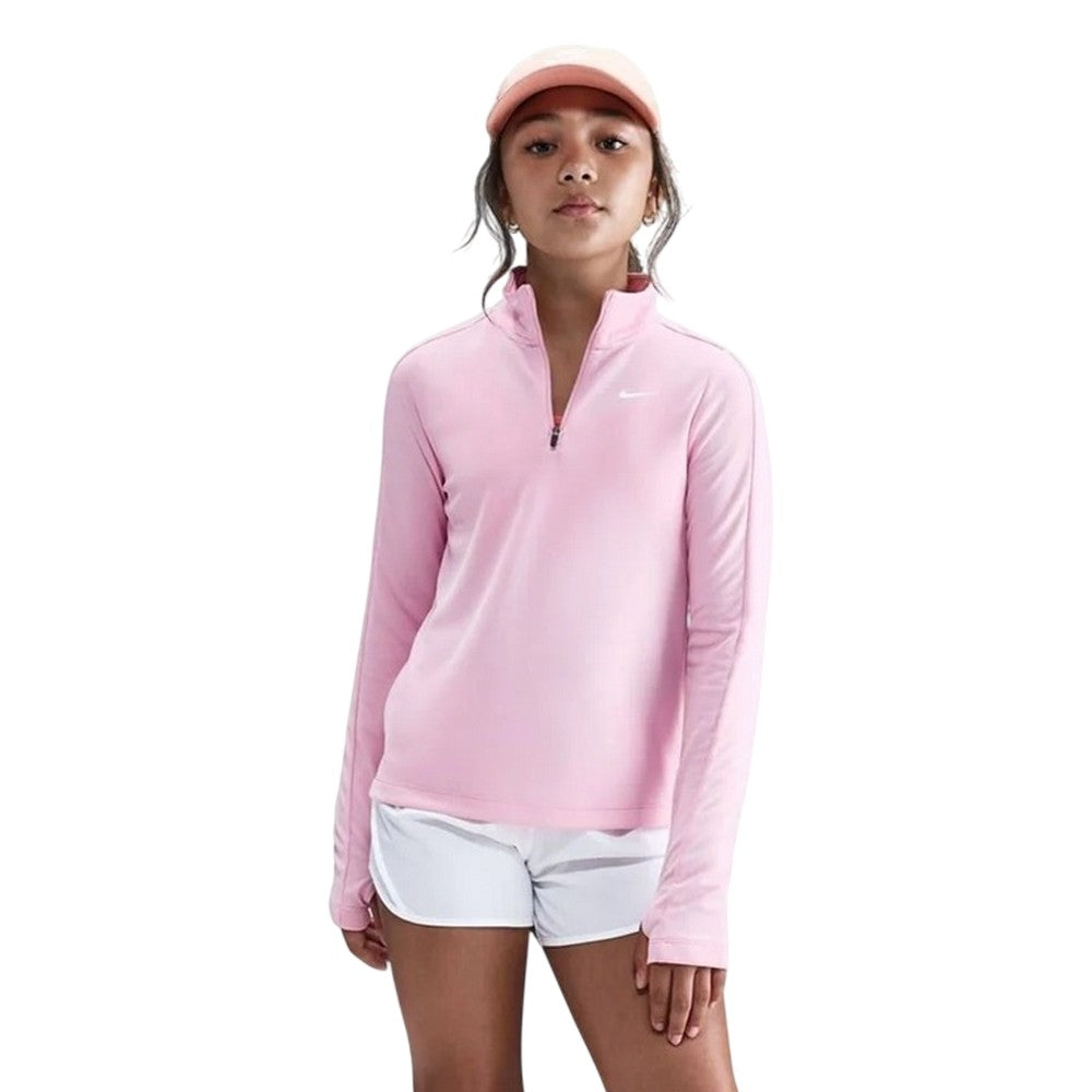 Pink - Front - Nike Girls Dri-FIT Half Zip Long-Sleeved Top