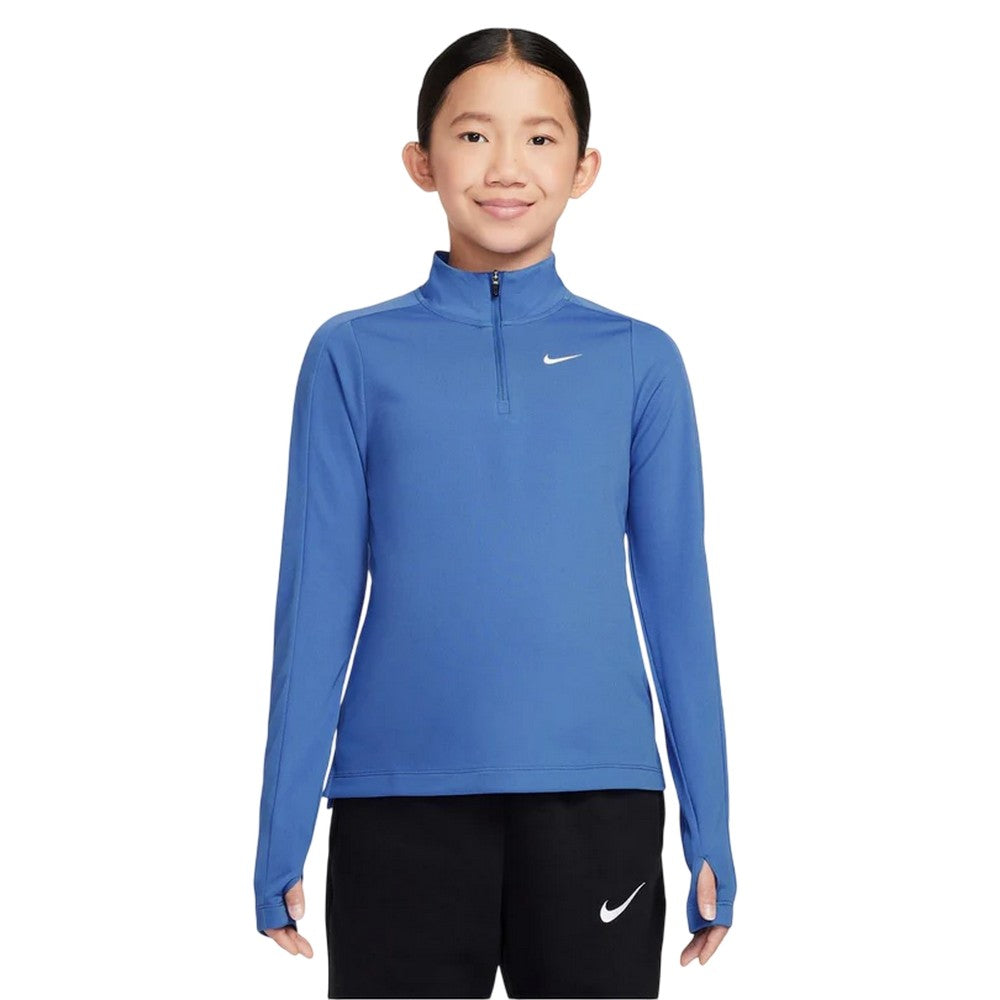 Blue - Front - Nike Girls Dri-FIT Half Zip Long-Sleeved Top