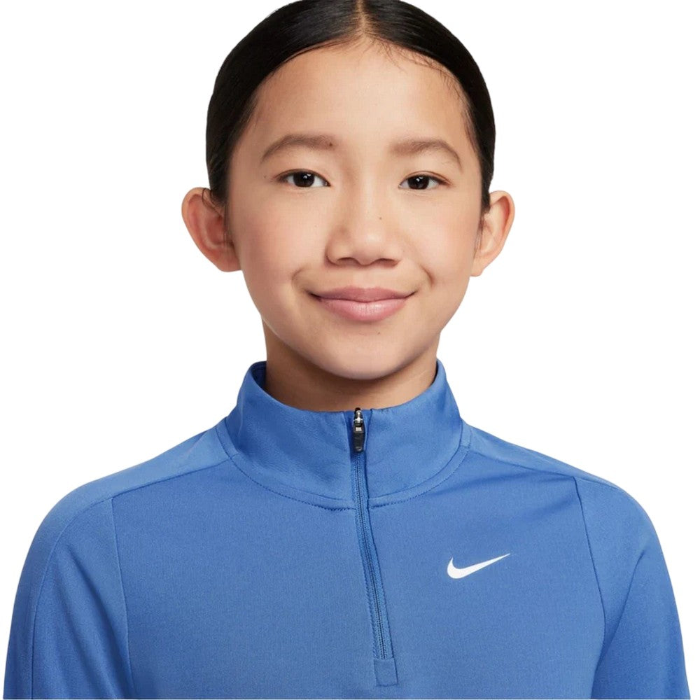 Blue - Side - Nike Girls Dri-FIT Half Zip Long-Sleeved Top