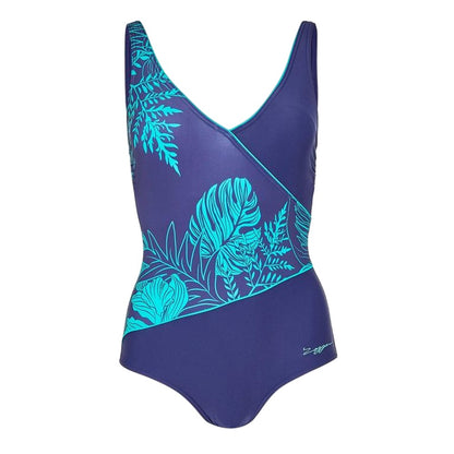 Blue - Front - Zoggs Womens-Ladies Printed Wrap Front One Piece Swimsuit