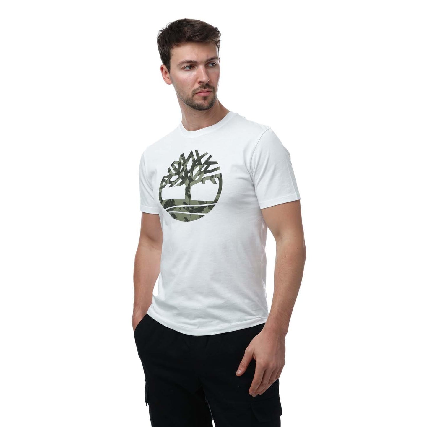 White - Front - Timberland Mens Camo Logo T-Shirt