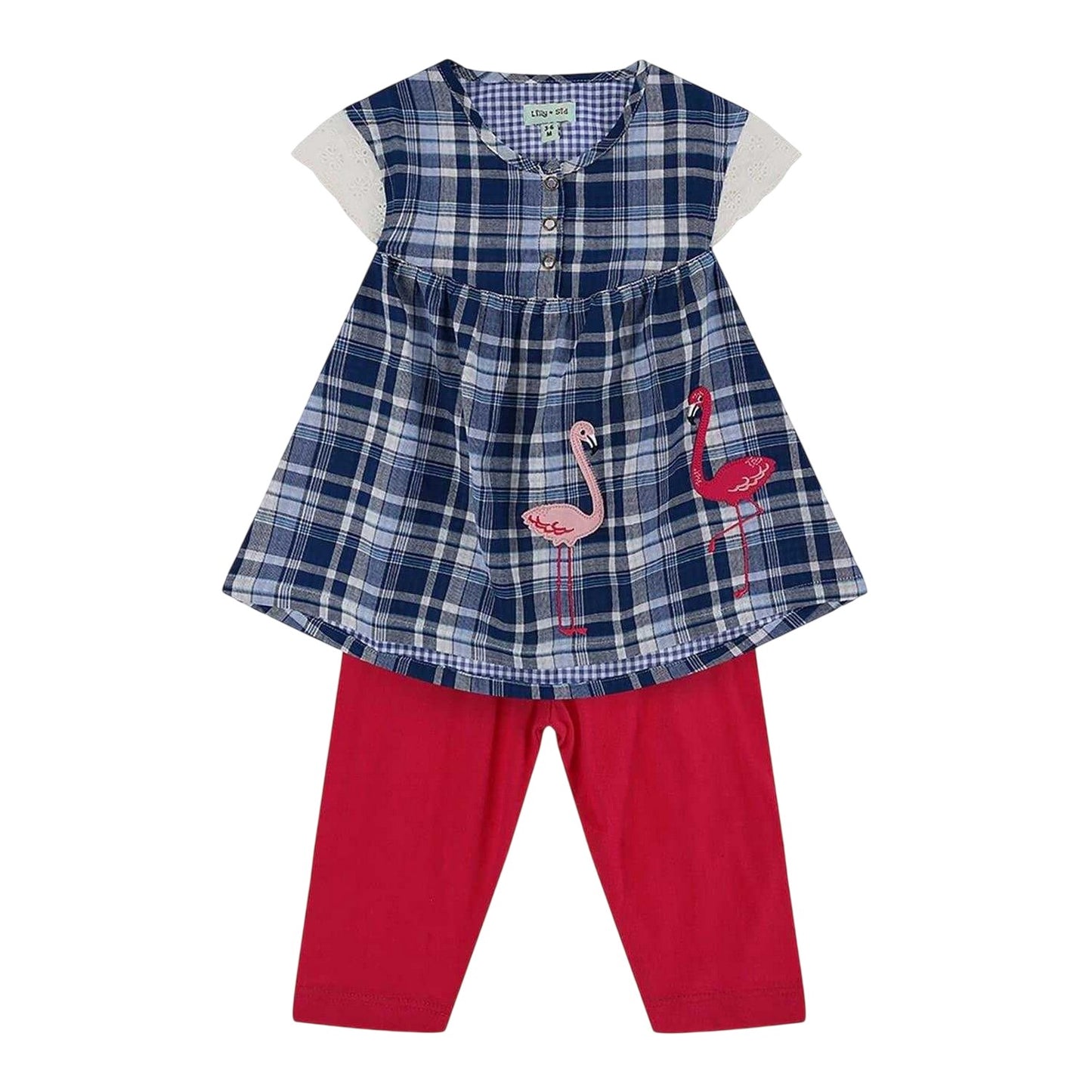 Blue-Red - Front - Lilly & Sid Girls Flamingo Short-Sleeved T-Shirt Set