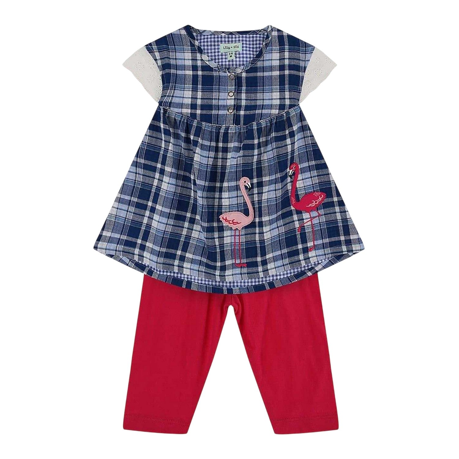Blue-Red - Front - Lilly & Sid Girls Flamingo Short-Sleeved T-Shirt Set