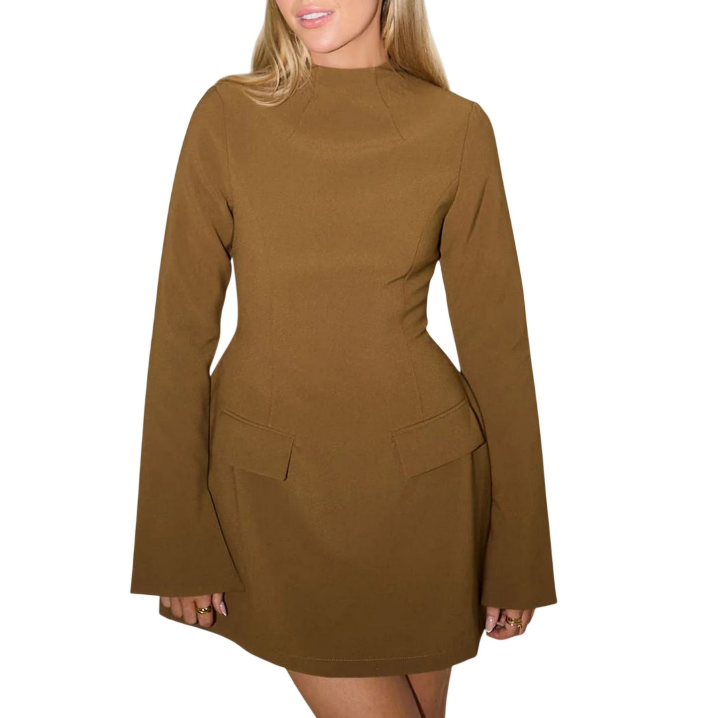 Olive - Side - Odd Muse Womens-Ladies Flared Long-Sleeved Mini Dress