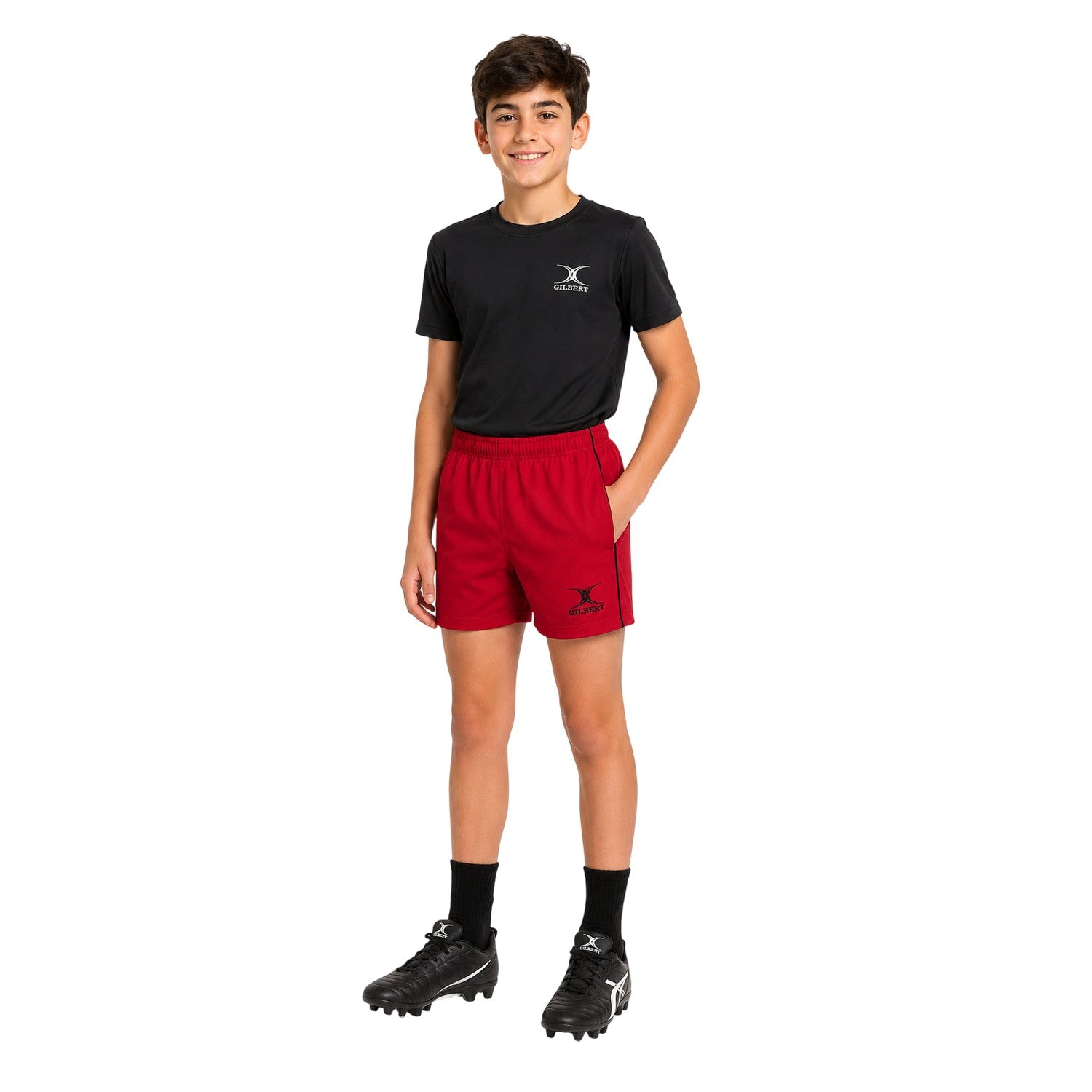 Red - Lifestyle - Gilbert Childrens-Kids Elasticated Waist Match Rugby Shorts