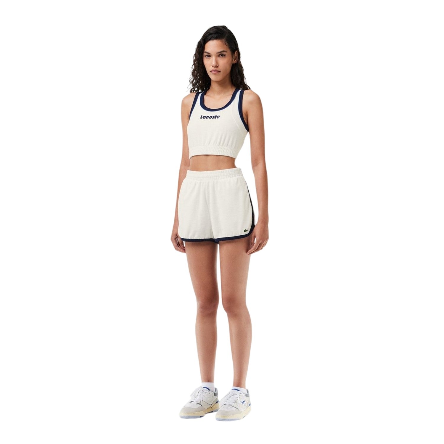 Cream-Black - Pack Shot - Lacoste Womens-Ladies Terrycloth Contrast Trim Shorts