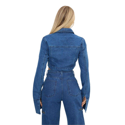 Mid Blue - Back - I Saw It First Womens-Ladies Cropped Boxy Denim Jacket