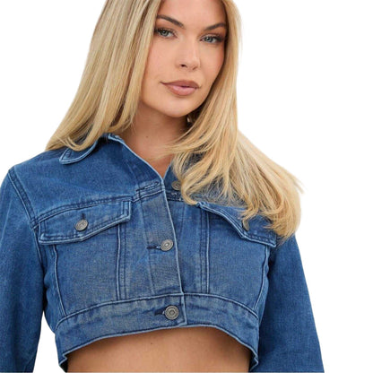 Mid Blue - Side - I Saw It First Womens-Ladies Cropped Boxy Denim Jacket