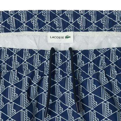 Navy Blue-Green - Back - Lacoste Mens Monogram Mid Length Swimming Trunks