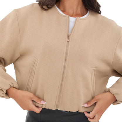 Taupe - Side - I Saw It First Womens-Ladies Elasticated Hem Bomber Jacket