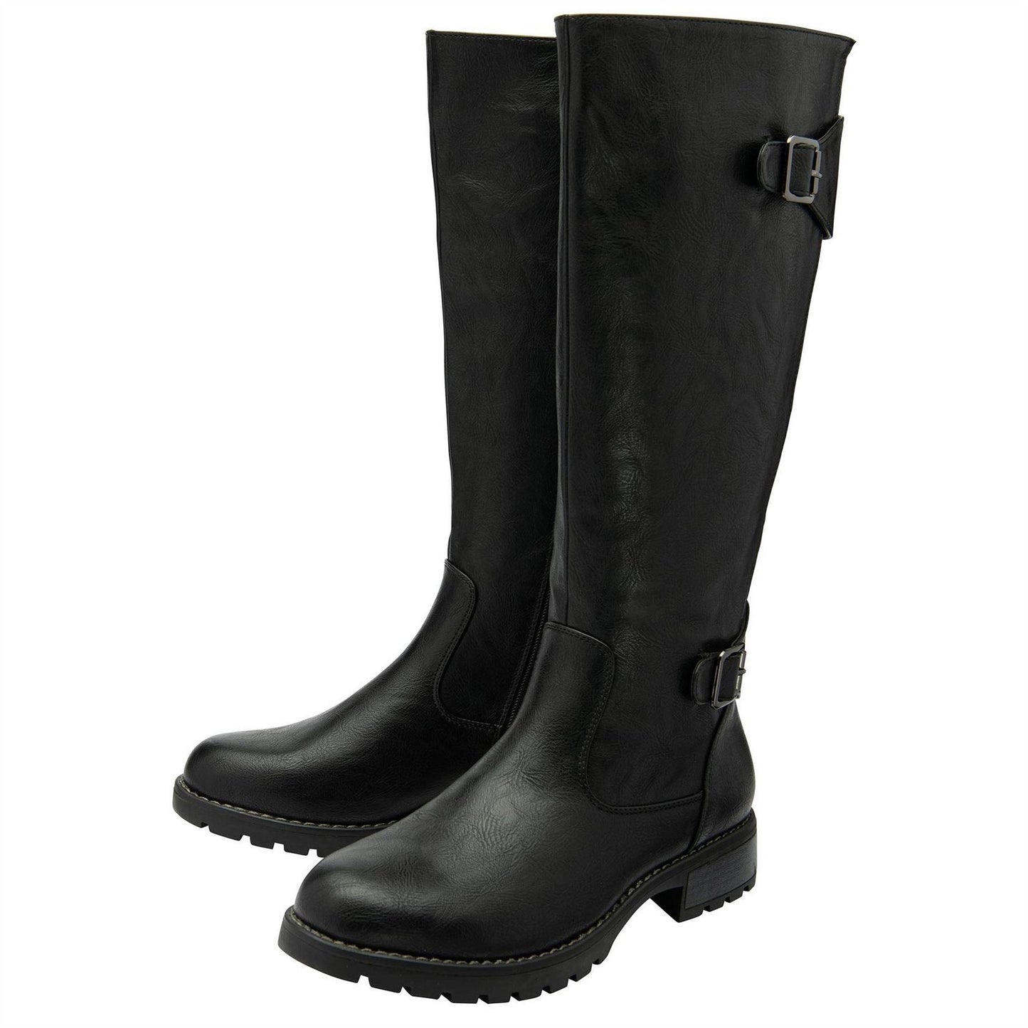 Black - Side - Lotus Shoes Womens-Ladies Brandi Buckle Detail Knee-High Boots