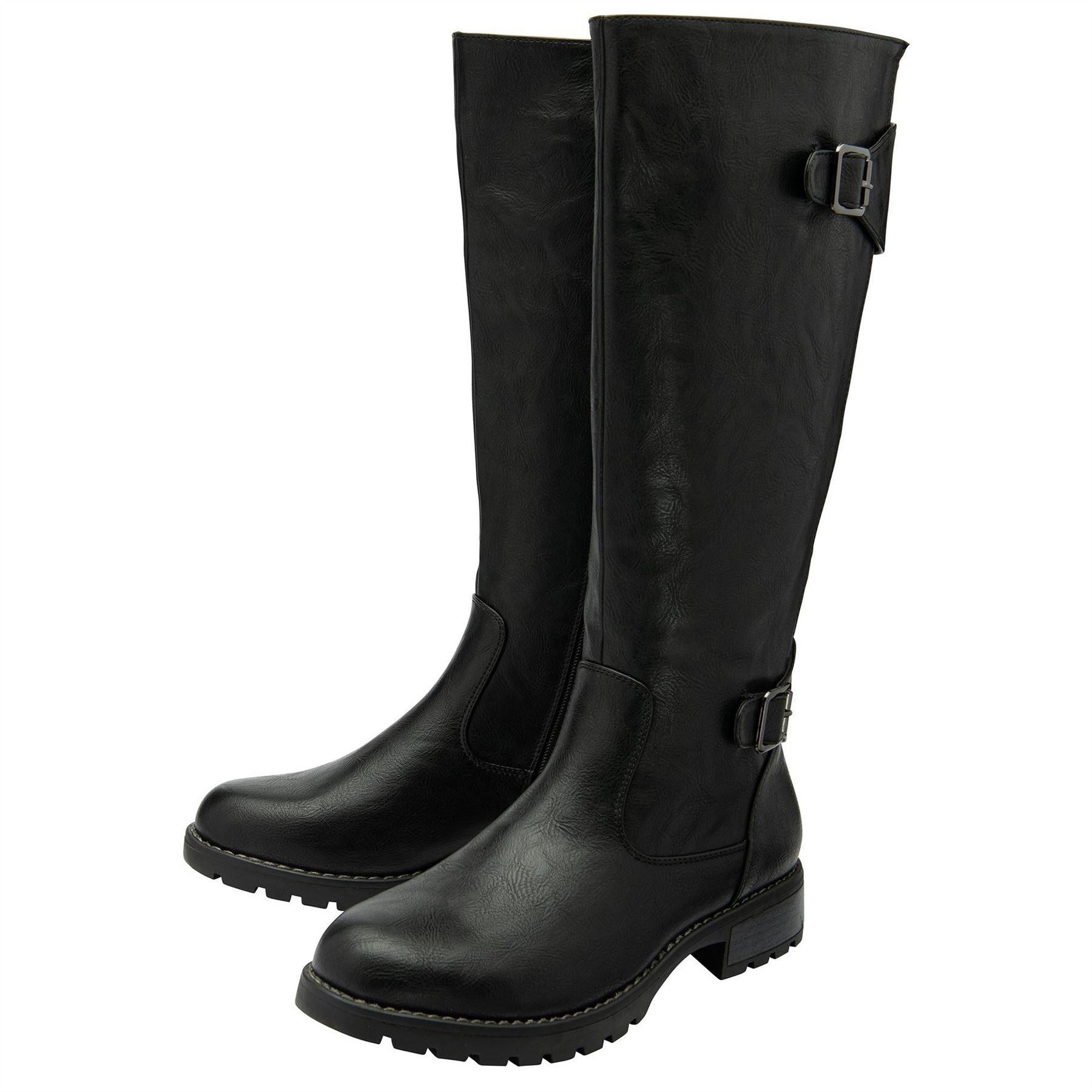 Black - Side - Lotus Shoes Womens-Ladies Brandi Buckle Detail Knee-High Boots