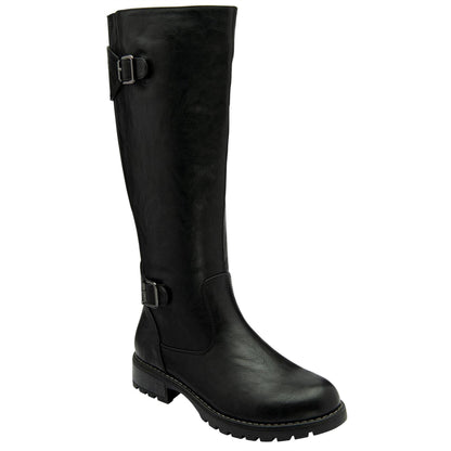 Black - Front - Lotus Shoes Womens-Ladies Brandi Buckle Detail Knee-High Boots