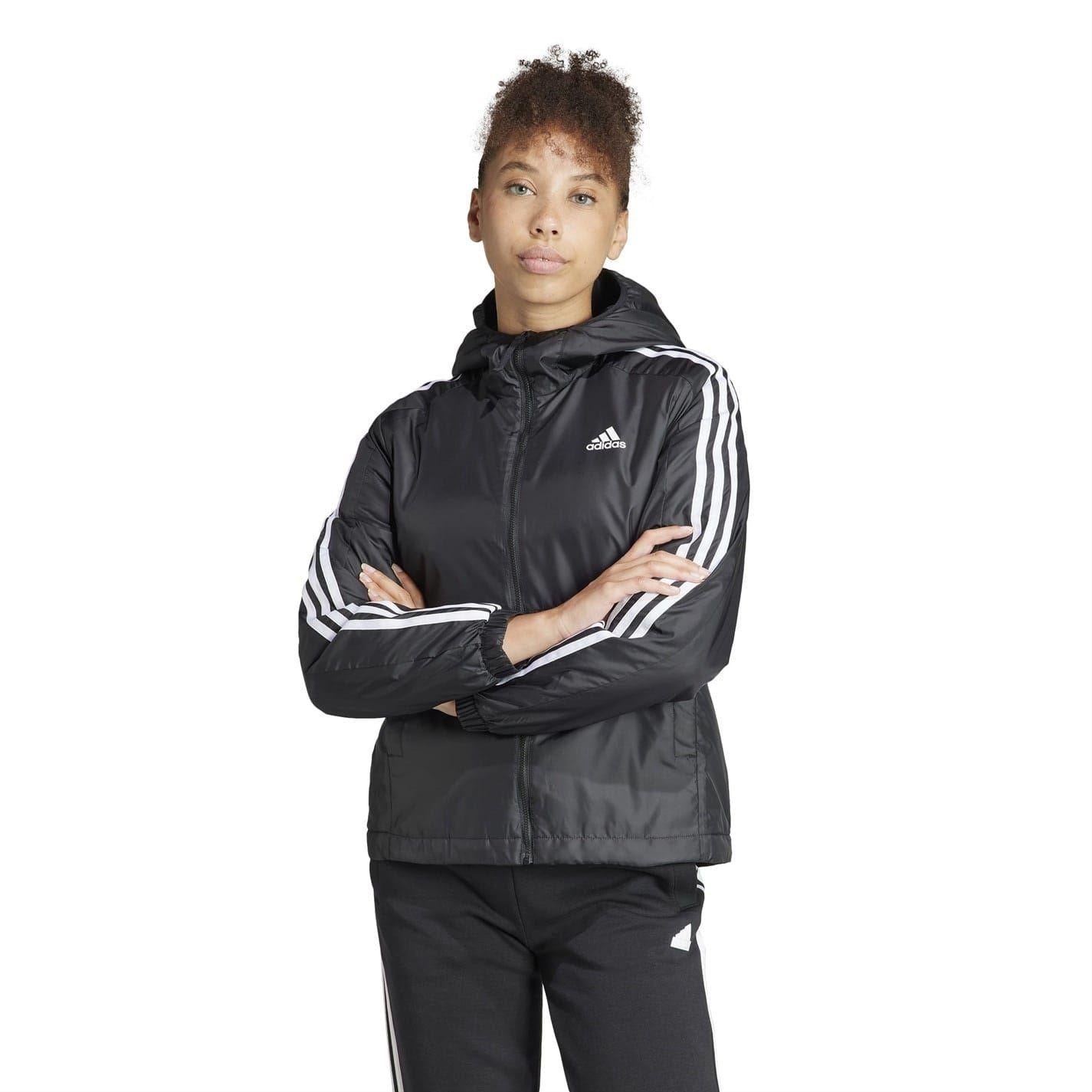 Black-White - Side - Adidas Womens-Ladies Essential 3 Stripes Hooded Jacket