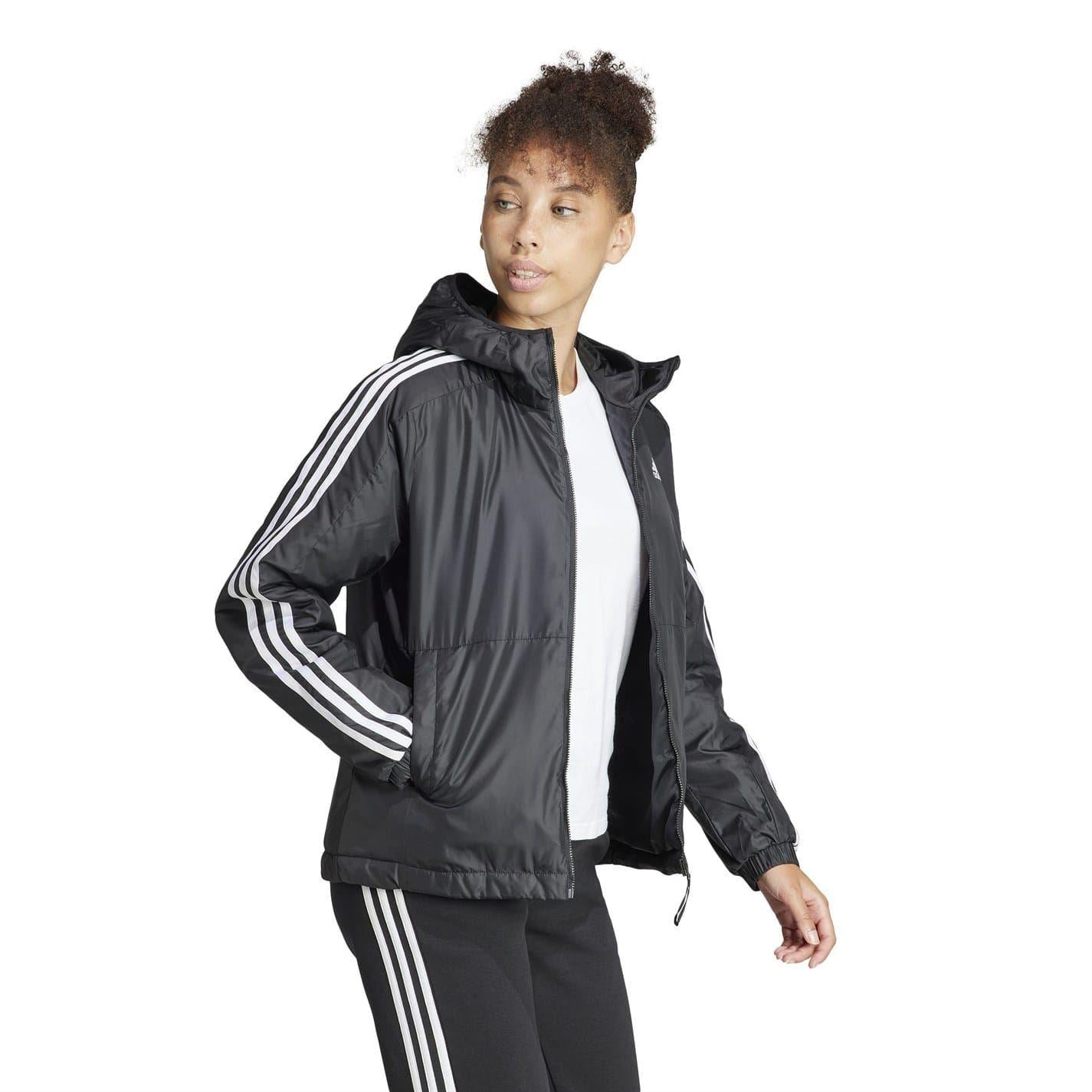 Black-White - Pack Shot - Adidas Womens-Ladies Essential 3 Stripes Hooded Jacket