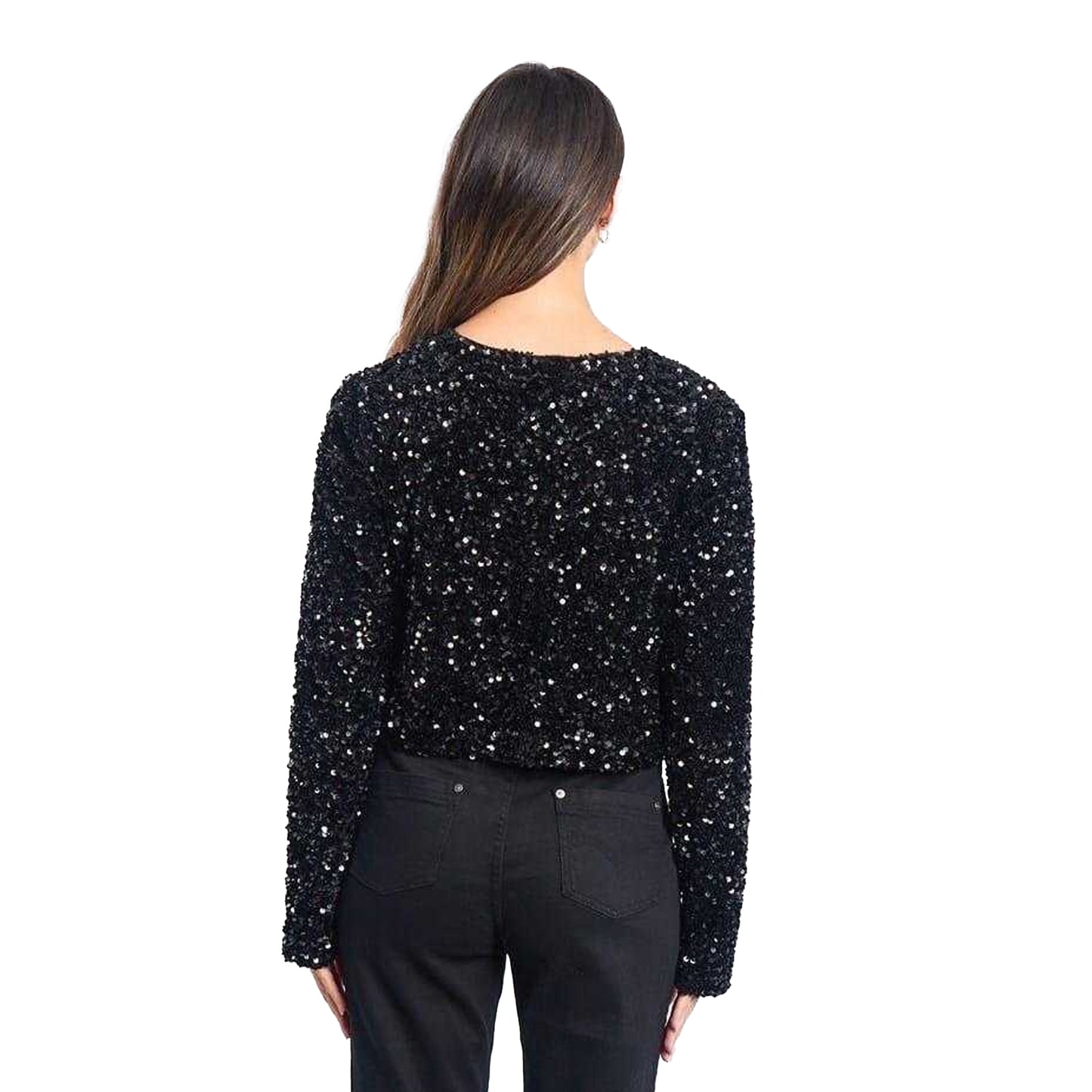 Black - Back - Be You Womens-Ladies Bow Sequin Relaxed Fit Long-Sleeved Blouse