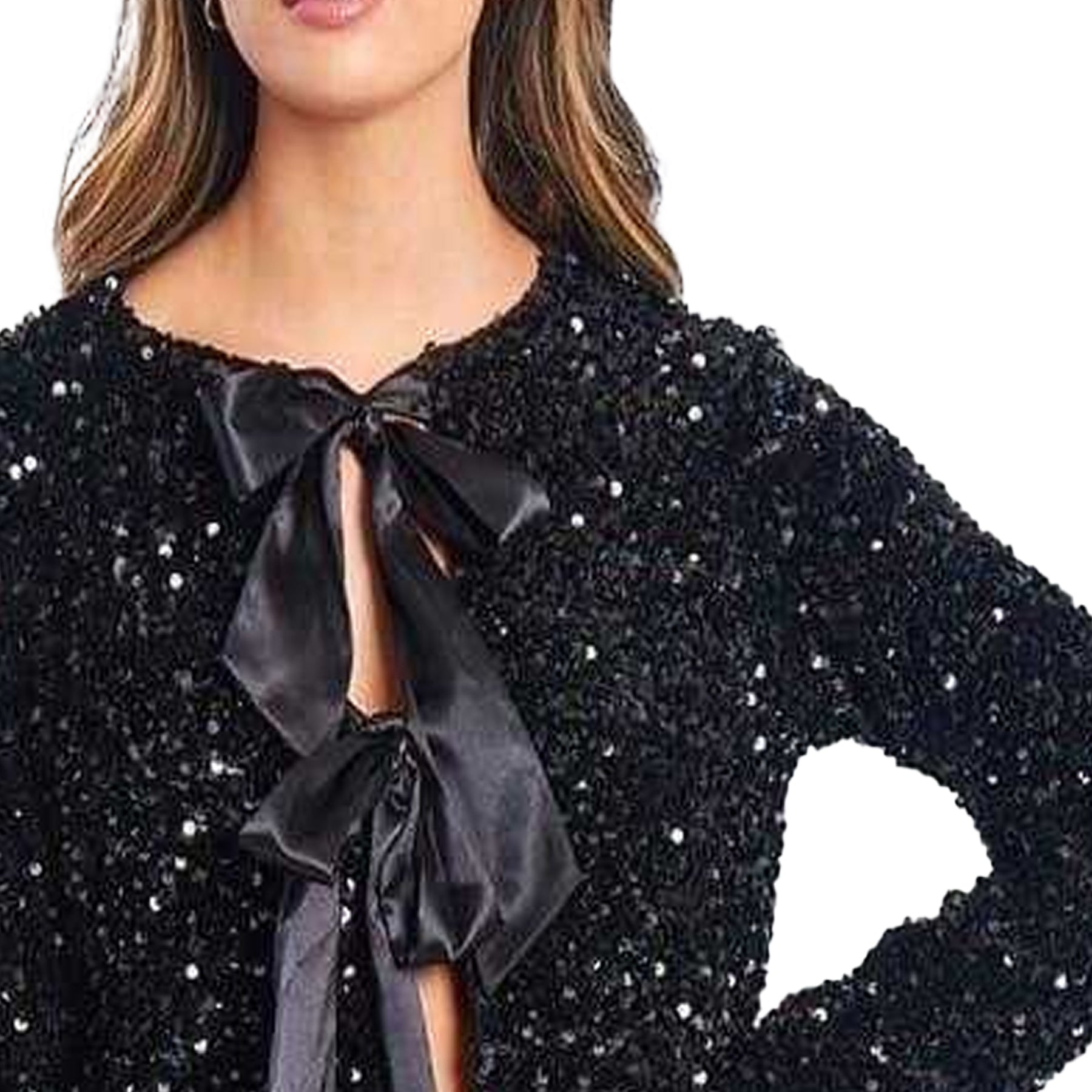 Black - Side - Be You Womens-Ladies Bow Sequin Relaxed Fit Long-Sleeved Blouse