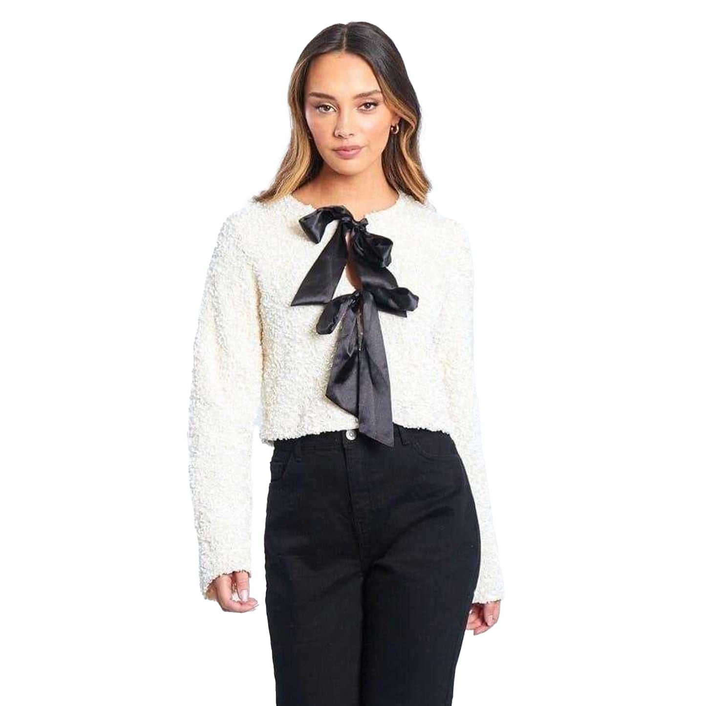 Cream - Front - Be You Womens-Ladies Bow Sequin Relaxed Fit Long-Sleeved Blouse