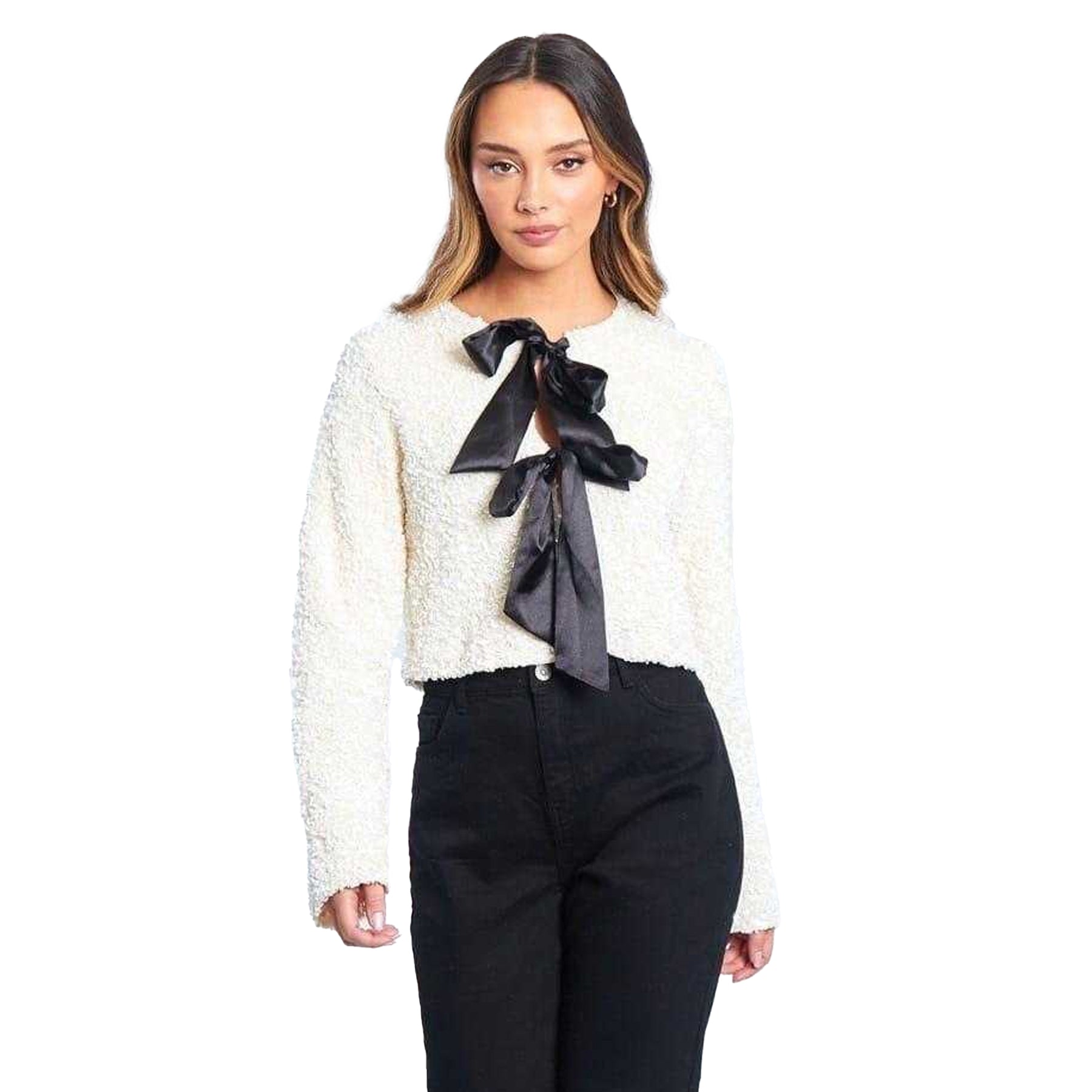 Cream - Front - Be You Womens-Ladies Bow Sequin Relaxed Fit Long-Sleeved Blouse