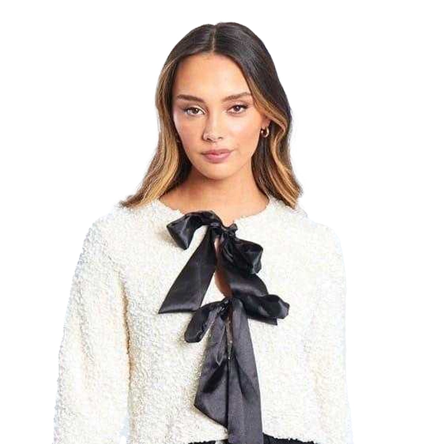 Cream - Side - Be You Womens-Ladies Bow Sequin Relaxed Fit Long-Sleeved Blouse