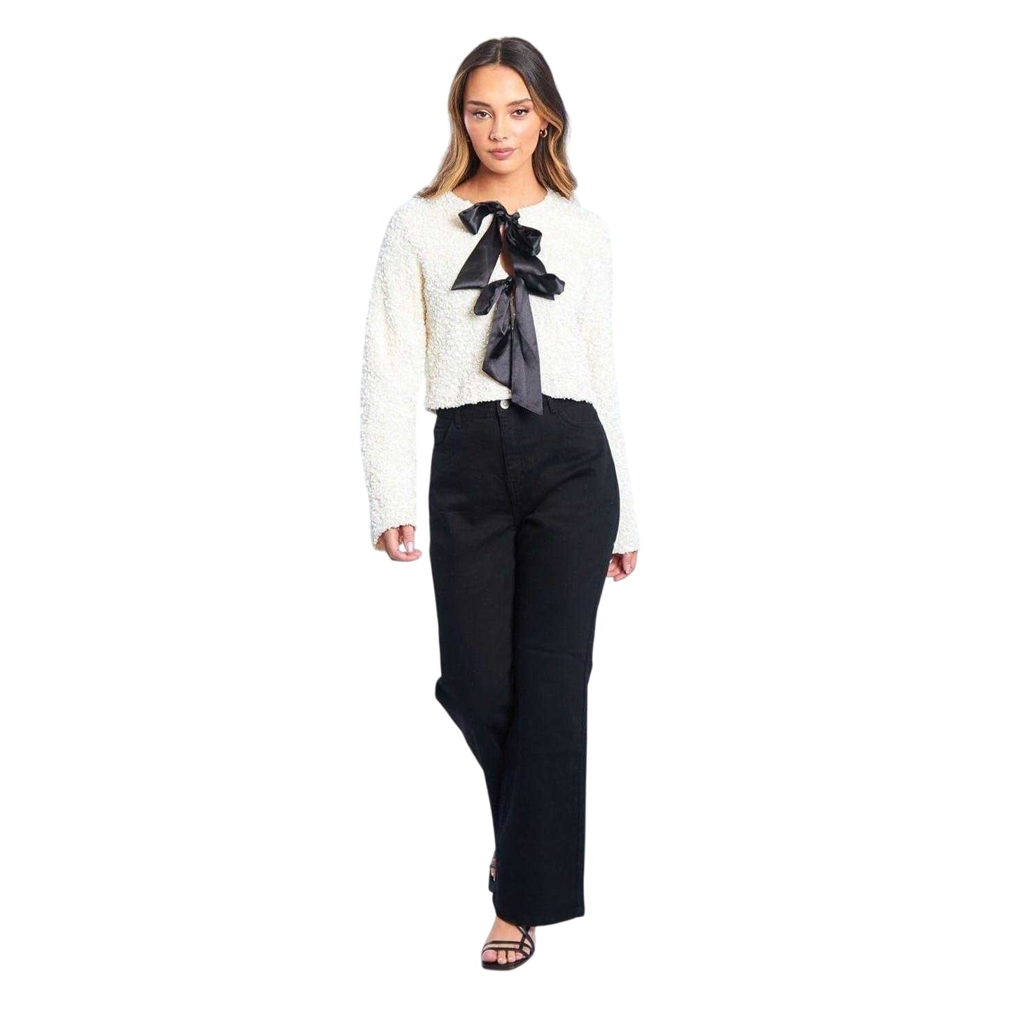 Cream - Lifestyle - Be You Womens-Ladies Bow Sequin Relaxed Fit Long-Sleeved Blouse