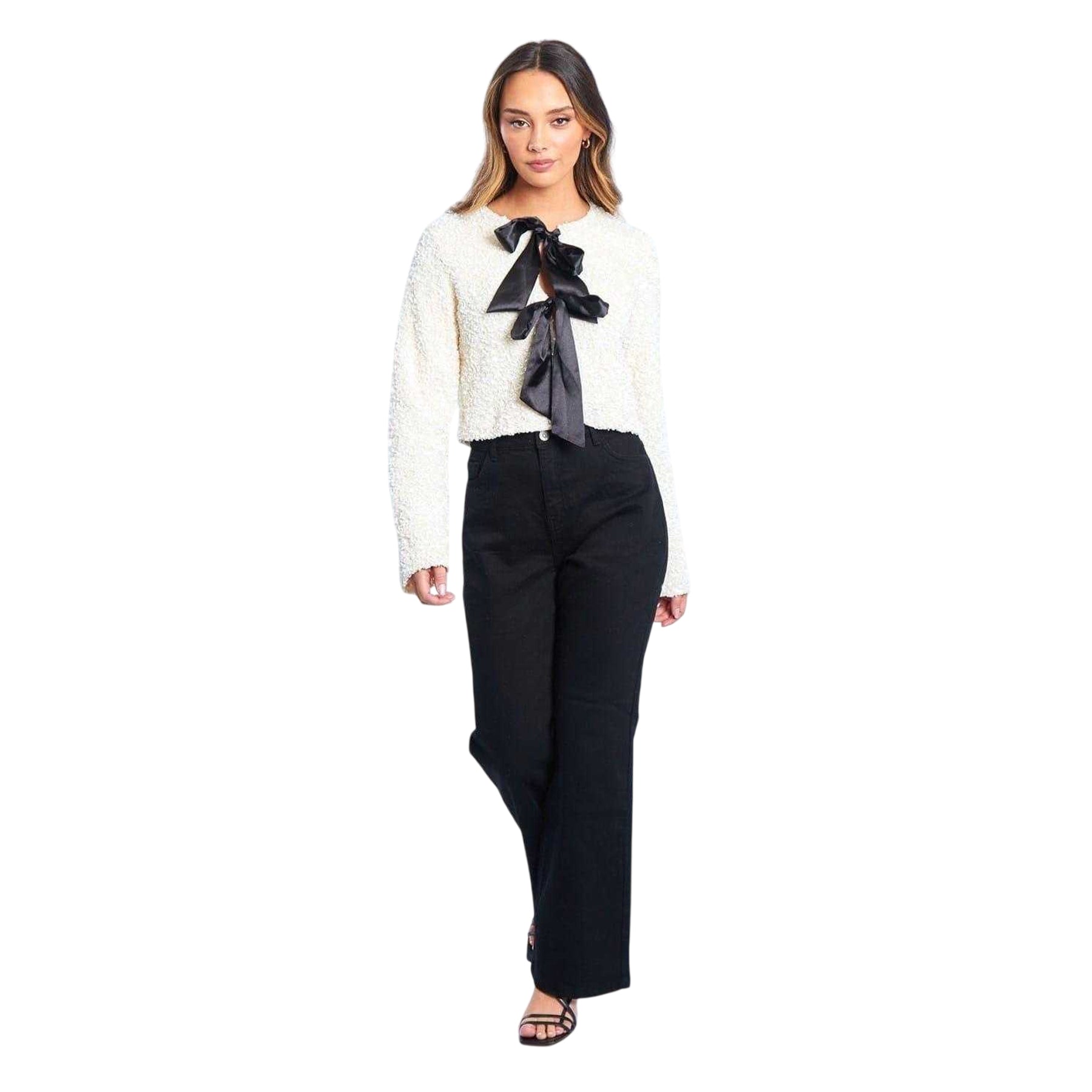 Cream - Lifestyle - Be You Womens-Ladies Bow Sequin Relaxed Fit Long-Sleeved Blouse