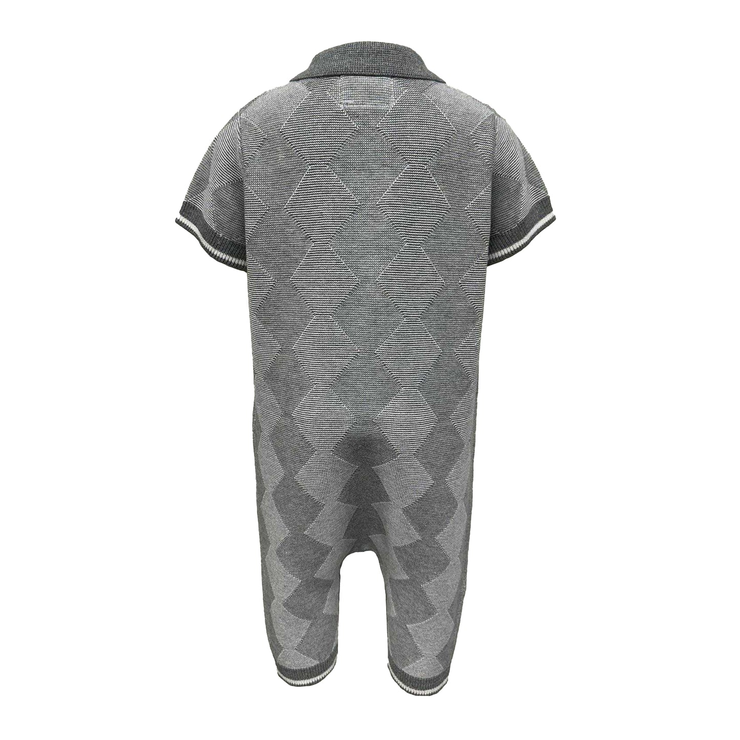 Grey - Back - Pretty Green Baby Boys Argyle Collared Short-Sleeved Romper
