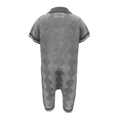 Grey - Back - Pretty Green Baby Boys Argyle Collared Short-Sleeved Romper