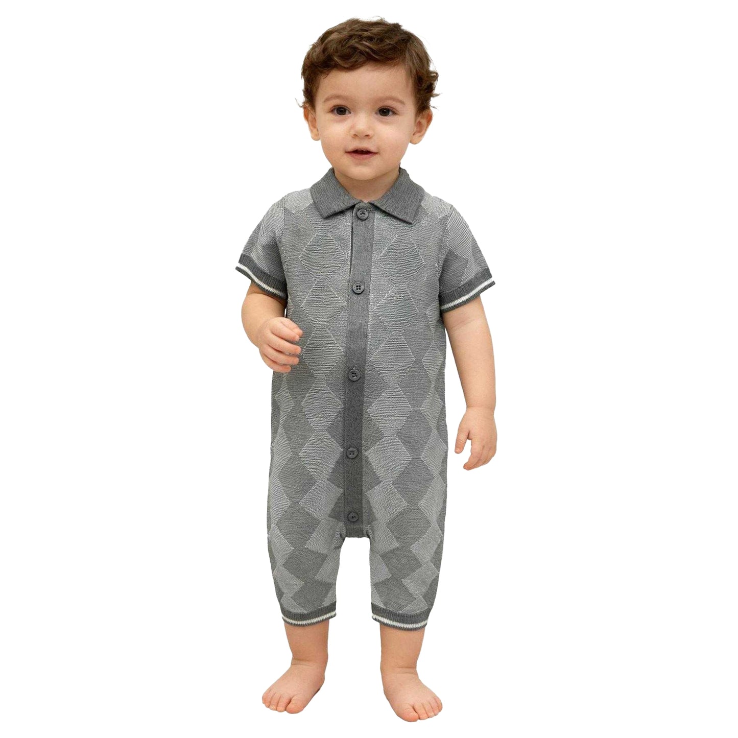 Grey - Side - Pretty Green Baby Boys Argyle Collared Short-Sleeved Romper