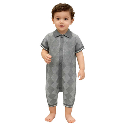 Grey - Side - Pretty Green Baby Boys Argyle Collared Short-Sleeved Romper