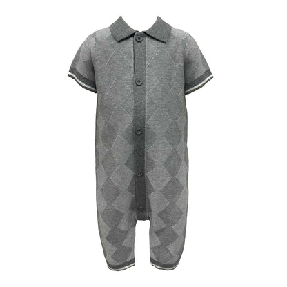 Grey - Front - Pretty Green Baby Boys Argyle Collared Short-Sleeved Romper