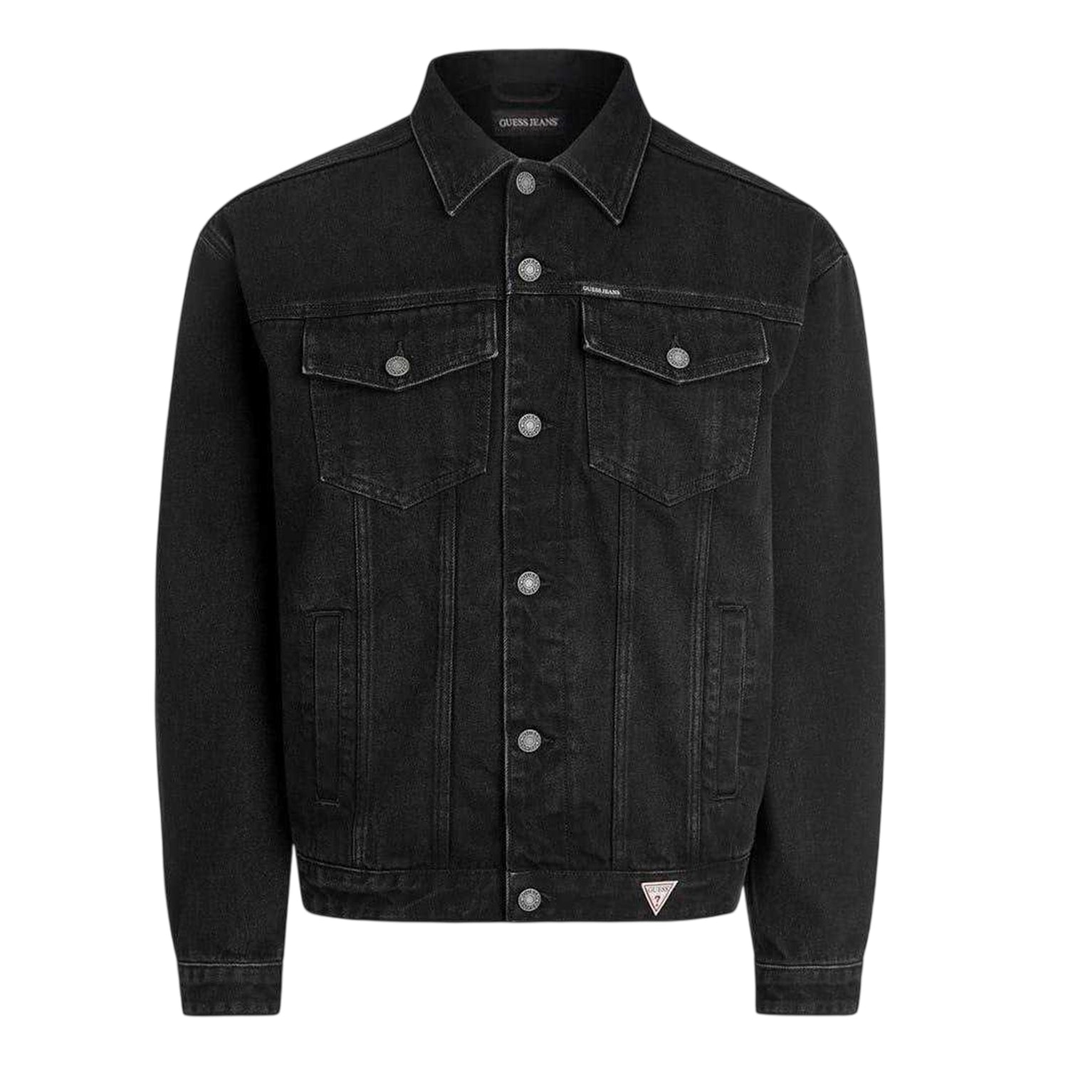 Black - Front - Guess Mens Plain Denim Chest Pocket Trucker Jacket