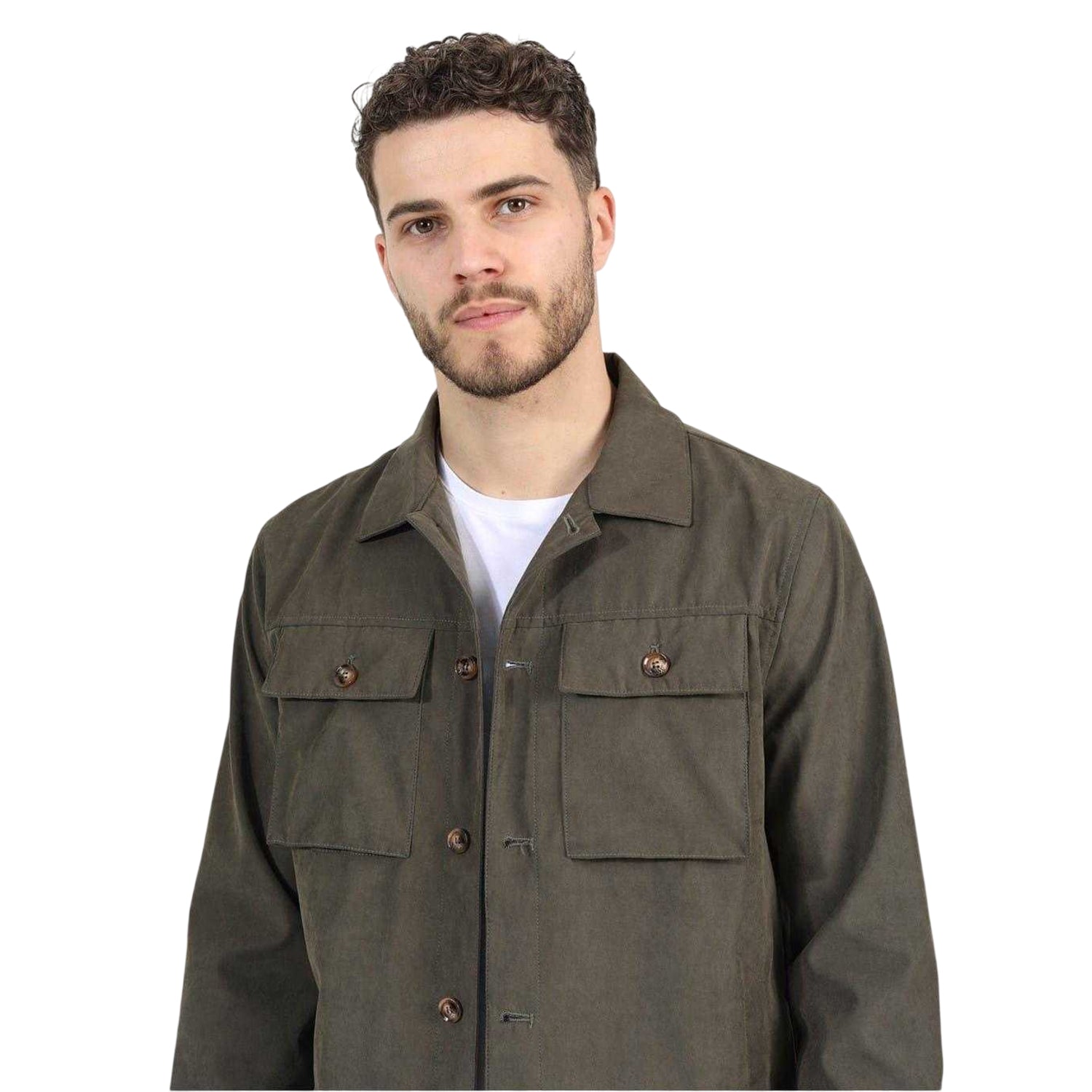 Khaki Green - Side - Brave Soul Mens Plain Pocket Shacket